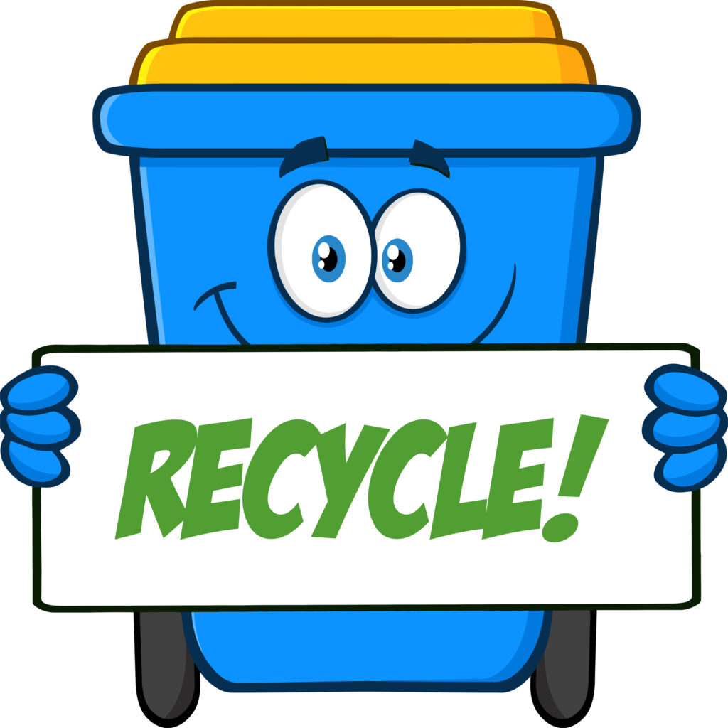 a cartoonish recycling bin illustration that has a smiling face and is holding up a sign encouraging folks to recycle