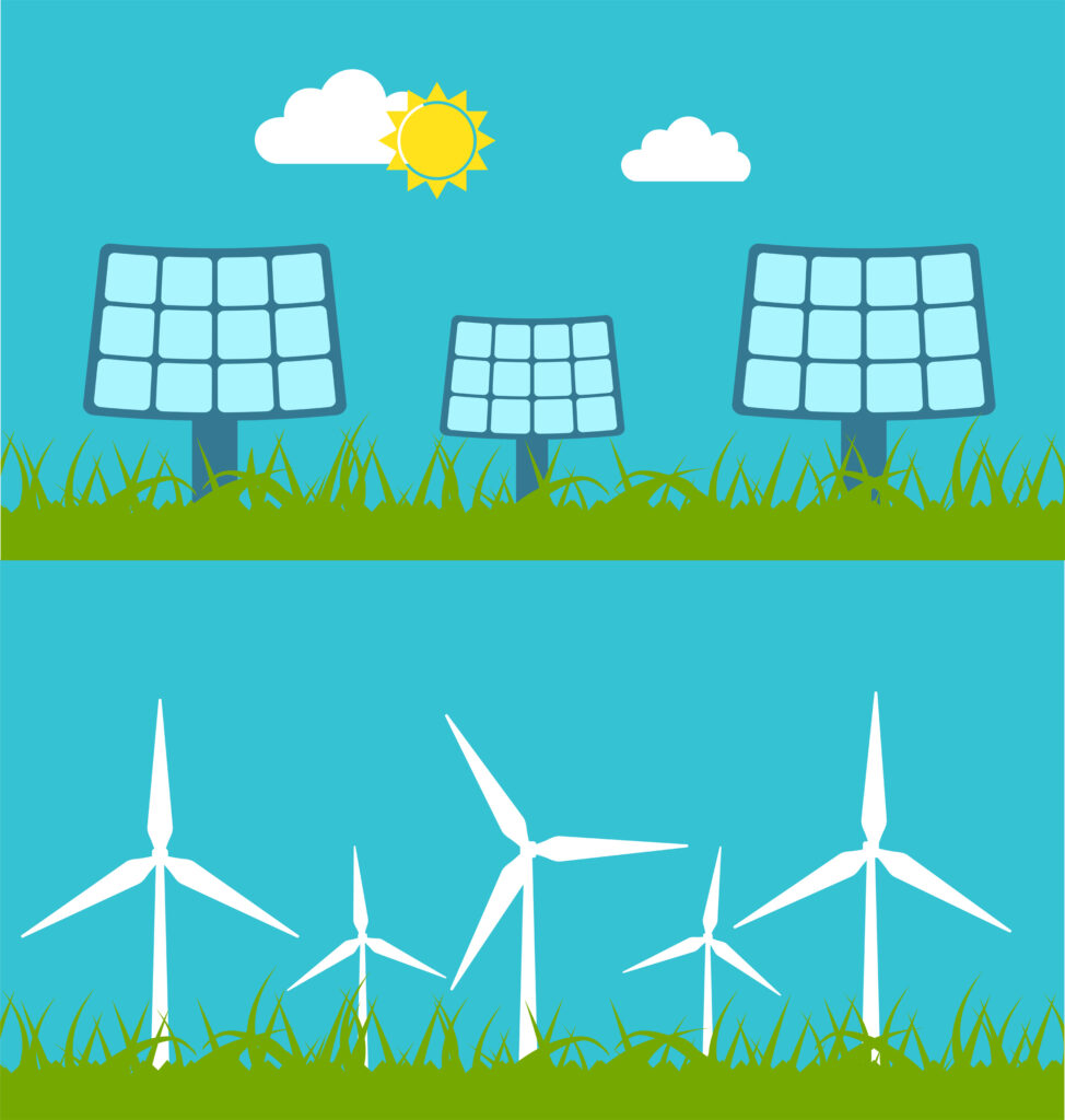 illustration showing solar panels and wind generators as alternative sources of energy