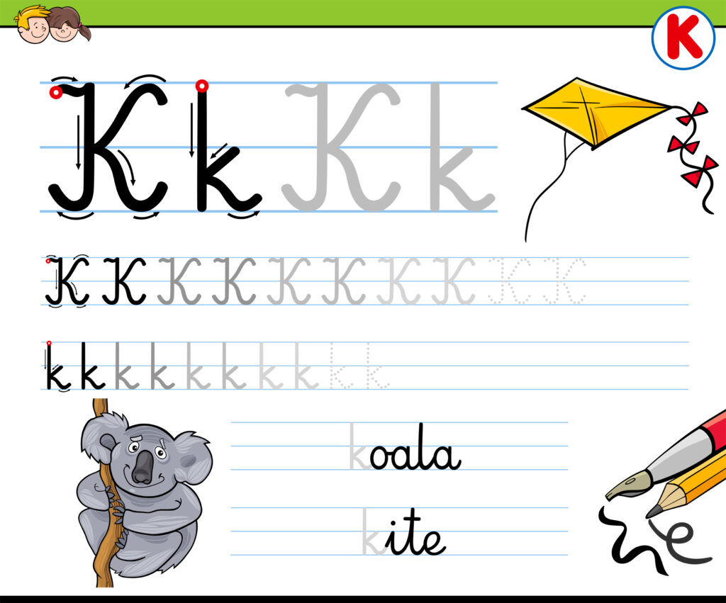  Black and White Cartoon Illustration of Writing Skills Practice with Letter K Worksheet for Preschool and Elementary Age Children Coloring Book