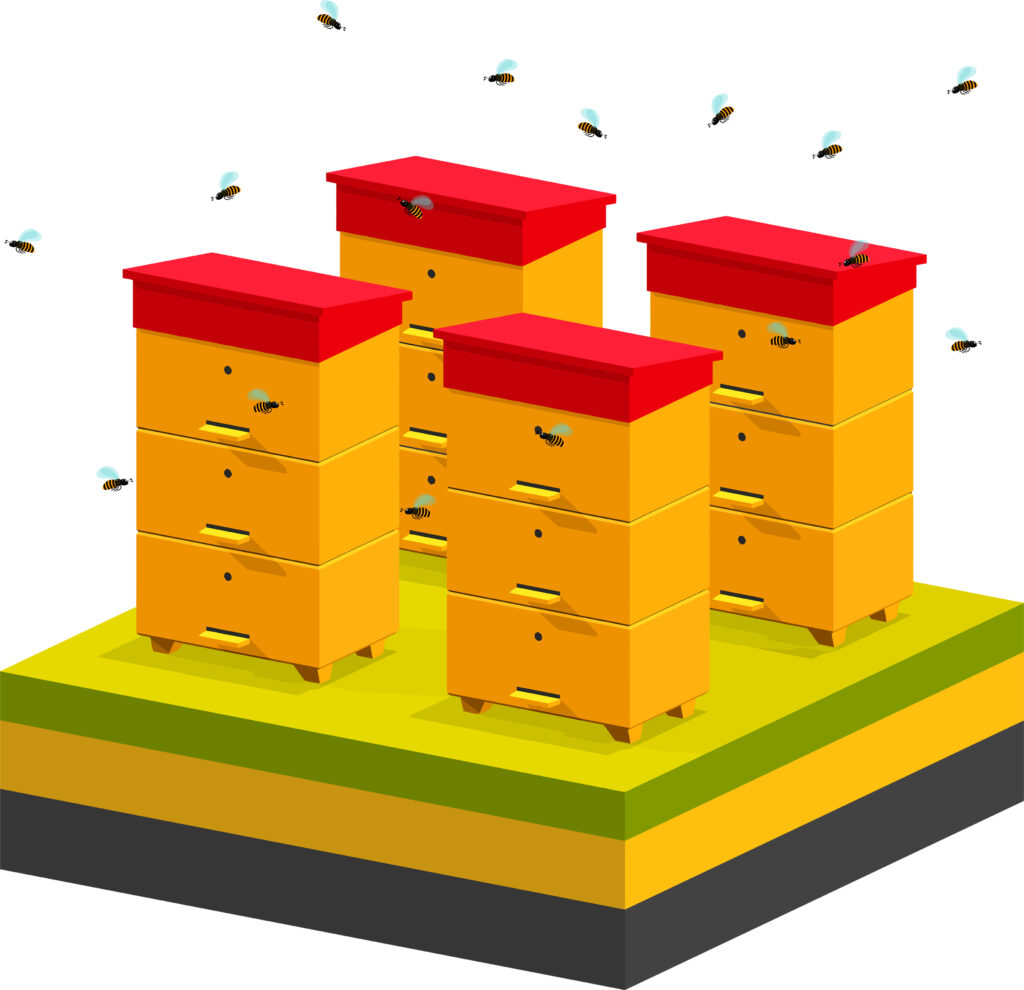 four illustrated beehive colonies with bees buzzing around 