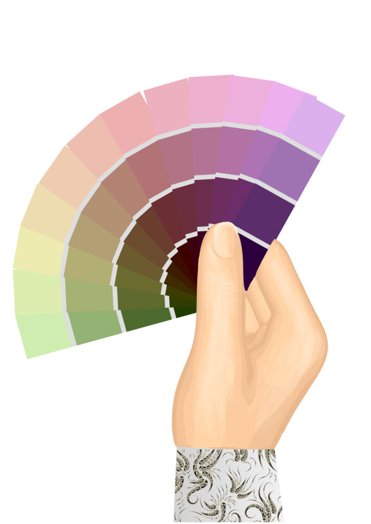 vector illustration of a hand holding color swatches in purple and green hues