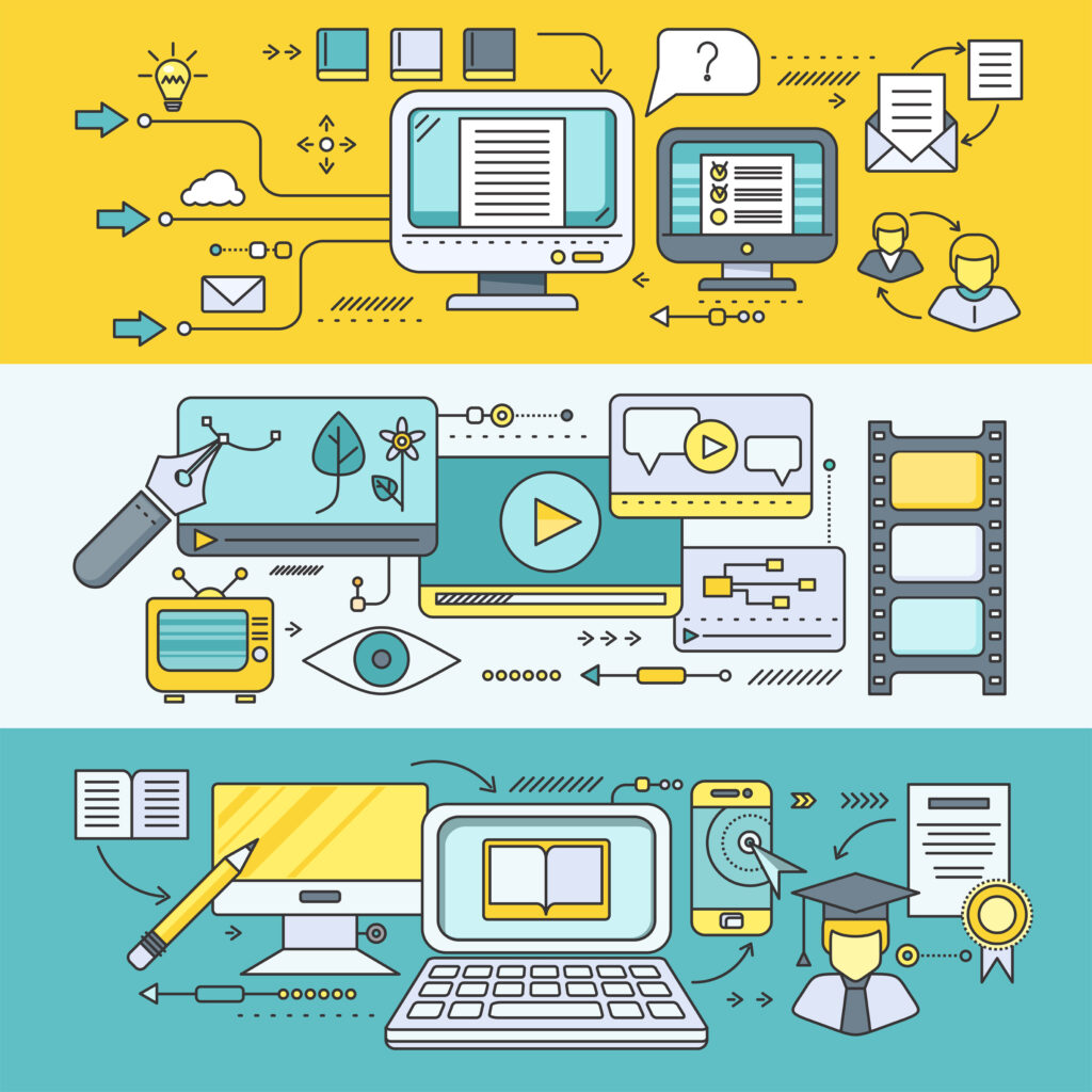 set of thin-lined flat icons depicting research, digital e-learning and tutorials in a video course