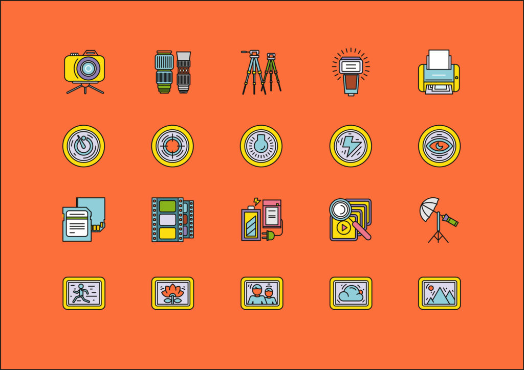 vector icon set of photographic equipment 