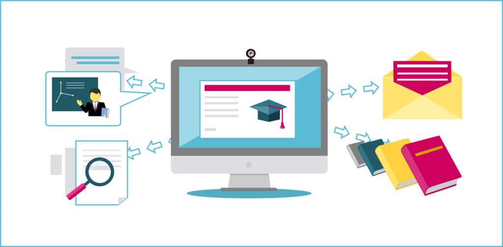 research information illustration featuring email, computer screen and books