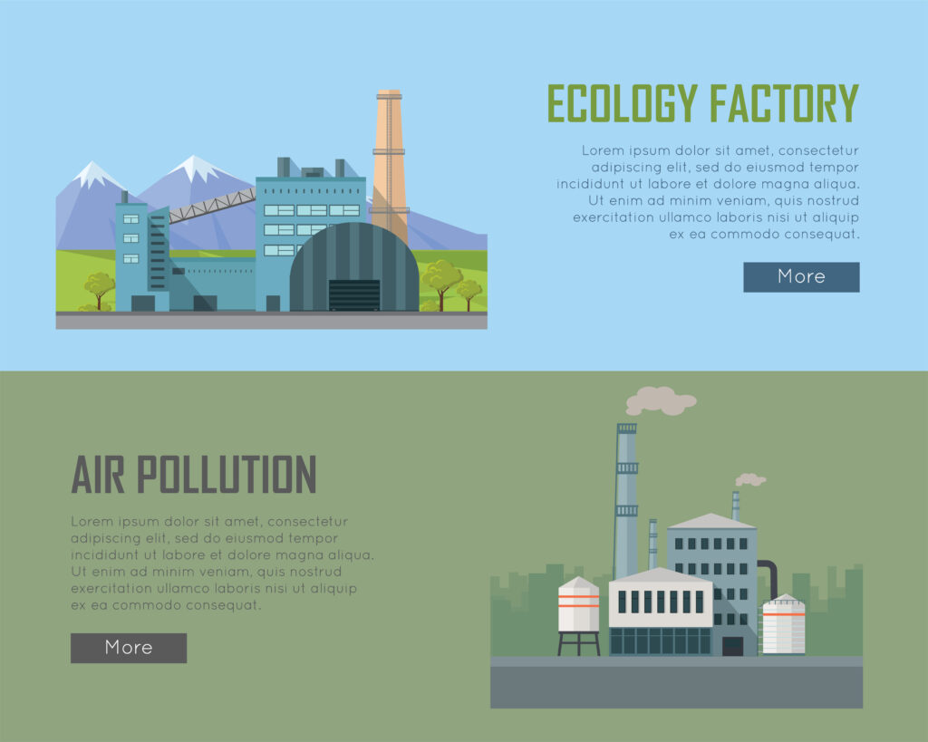 two banners with the top one showing an ecology factor and the bottom one showing the factory producing pollution