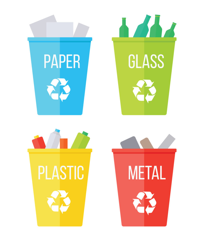 vector set of recycling bins saying paper, metal, glass, and plastic in various primary colors