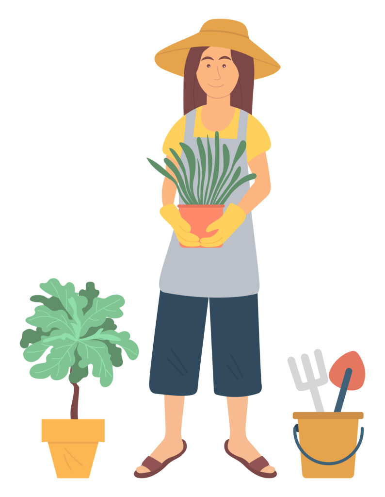 isolated vector illustration of a lady gardener holding a potted plant