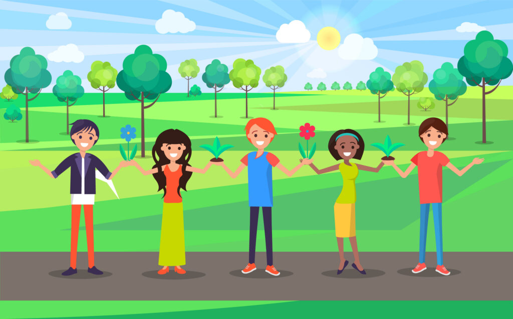 Happy people holding hands and celebrate international holiday world environment day vector on background of green trees, multinational men and women