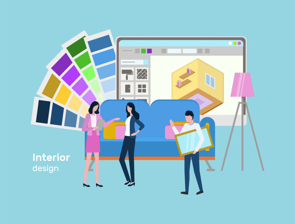 People thinking on interior design for client vector, optimization of house, man and woman brainstorming on colors palette, building in application