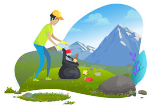 illustration of a volunteer picking up trash and pollution from a mountain's valley