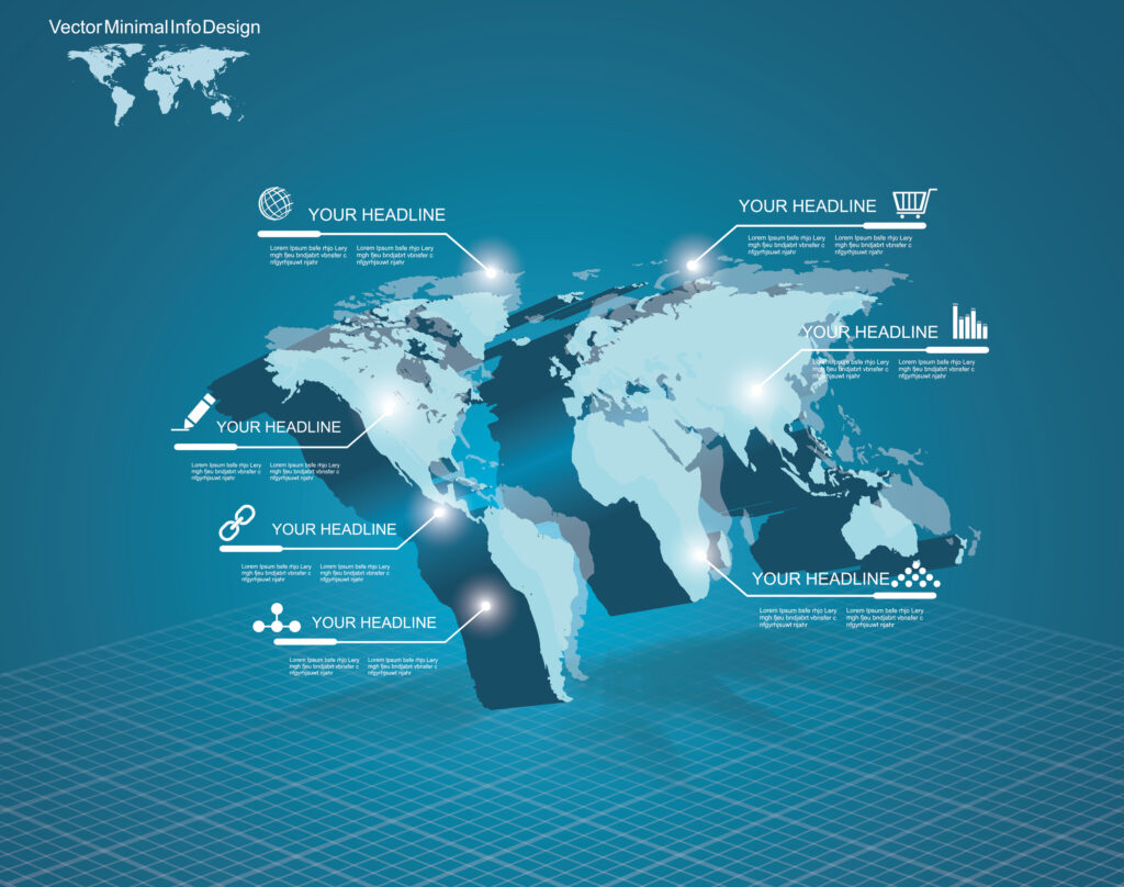 3d vector Light World map with pointer marks - communication concept and infographics design template