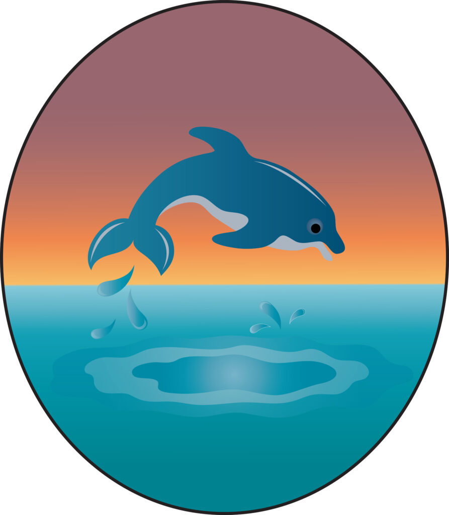 Clip art illustration of a cute dolphin leaping in the ocean during sunset