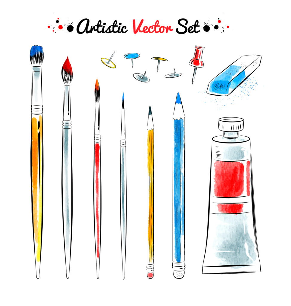 hand drawn illustration of art supplies 