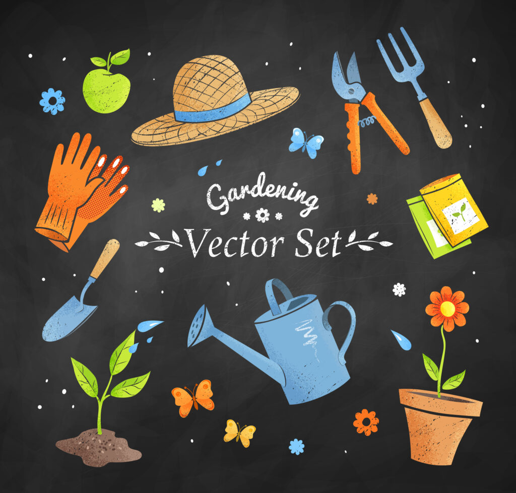 Gardening vector set on black chalkboard background featuring a hat, packets of seeds, rakes, plants and a watering can