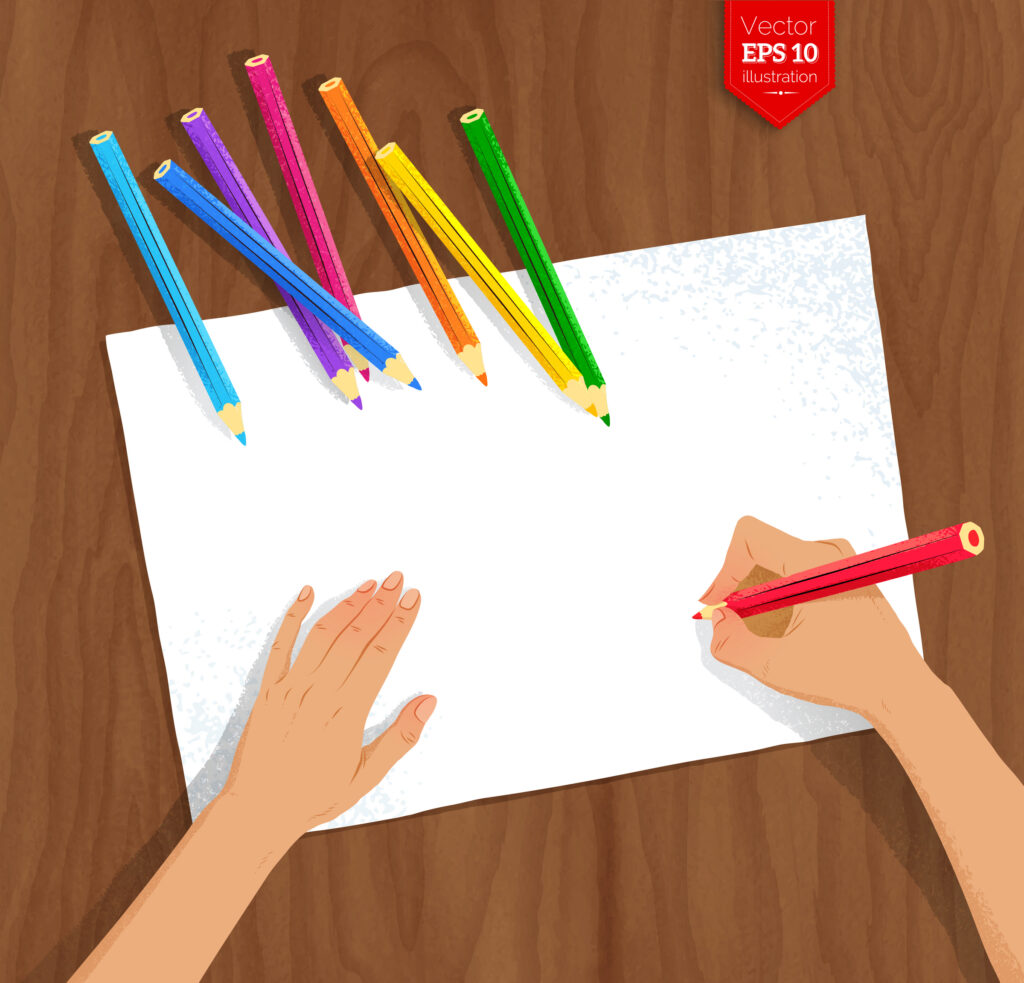 Top view vector illustration of female hands drawing with color pencils on paper sheets on wooden background.