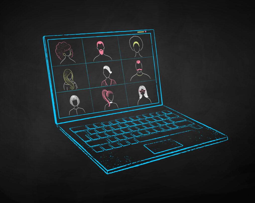 Vector color chalk drawn illustration set of laptop with live conference on black chalkboard background.