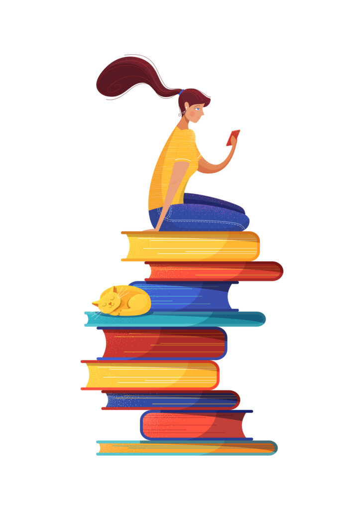 Girl, sitting on books pile, reading ebook cartoon characte