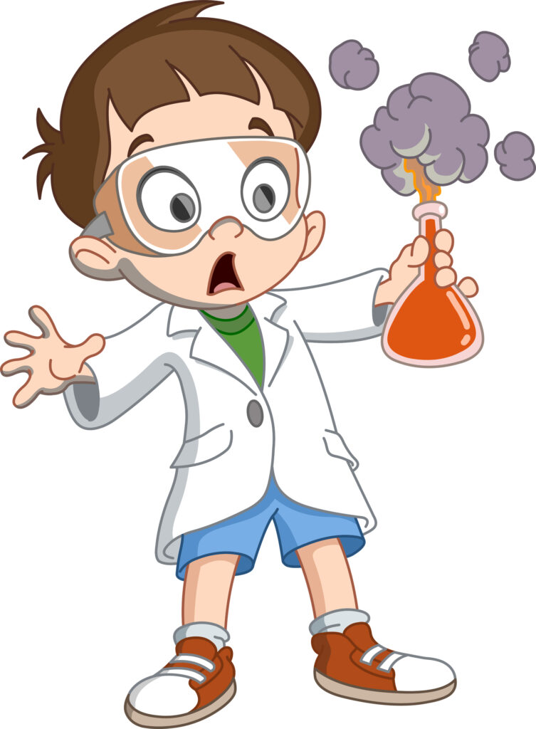 illustration of a young kid in a lab coat conducting a science experiment