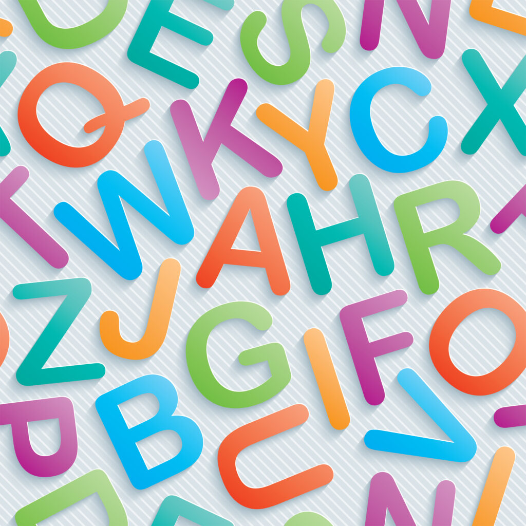 Colorful alphabet wallpaper. Seamless background with 3D effect. Vector EPS10.