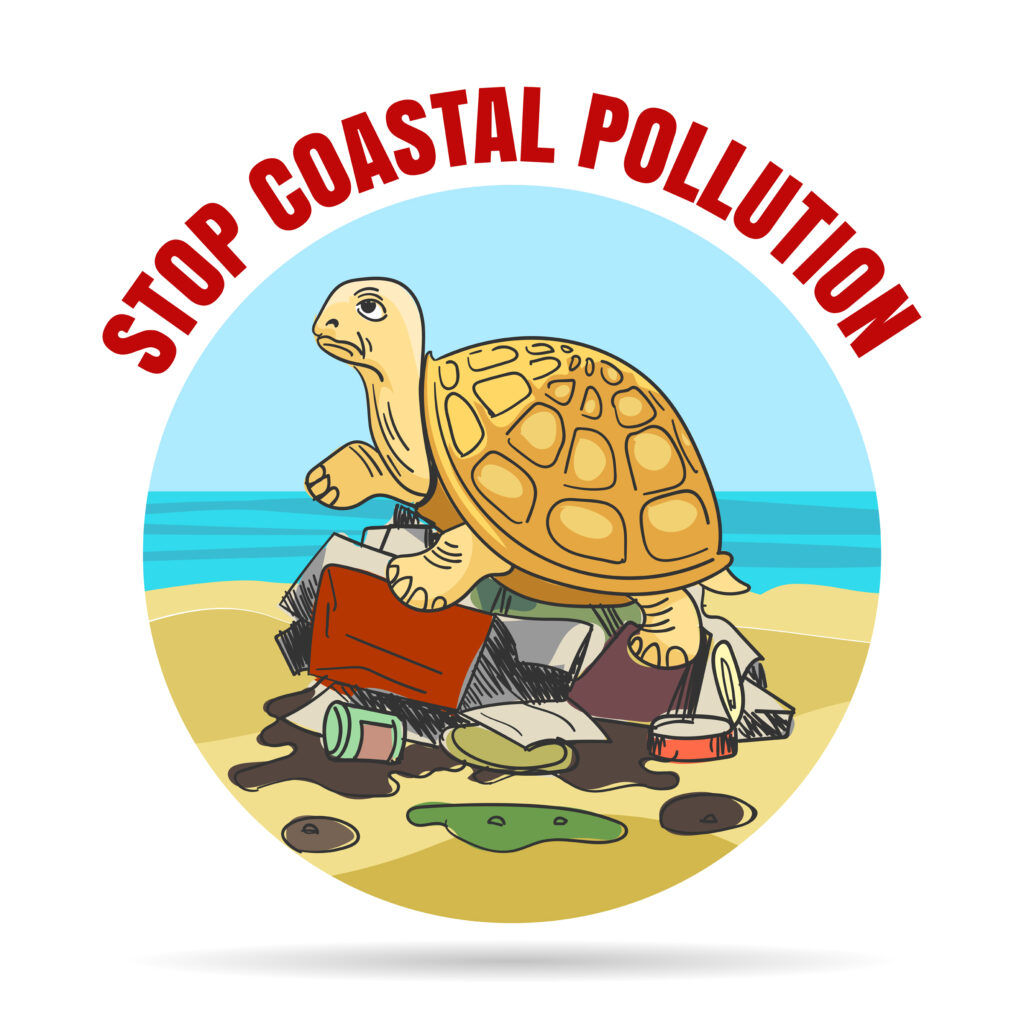 sign that shows a turtle on a mound of trash and the words stop coastal pollution written in red