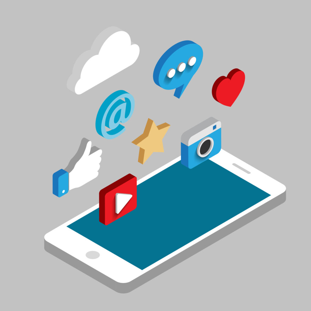 Social media flat 3d isometric concept vector icons.
