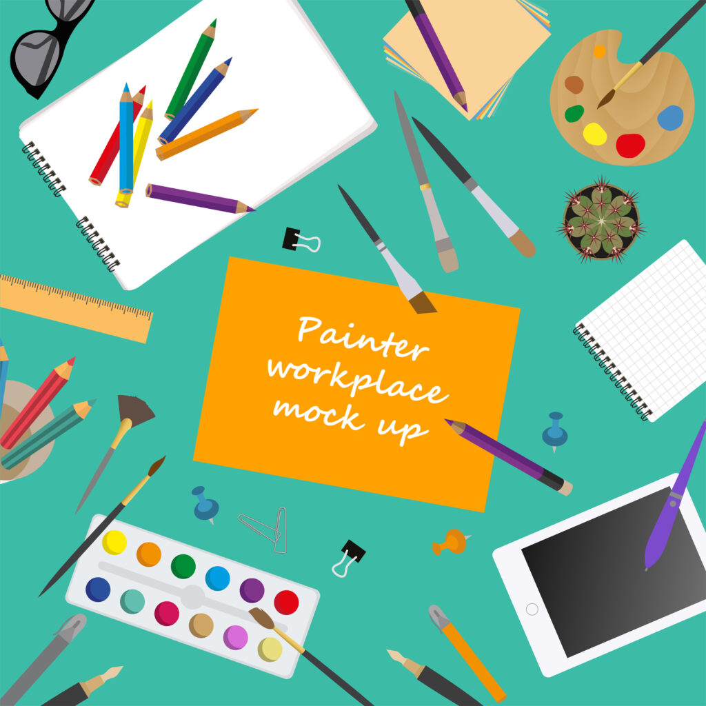 mock up template of a painter's workspace with paint set, coloring pencils, sketch book, tablet and other art supplies