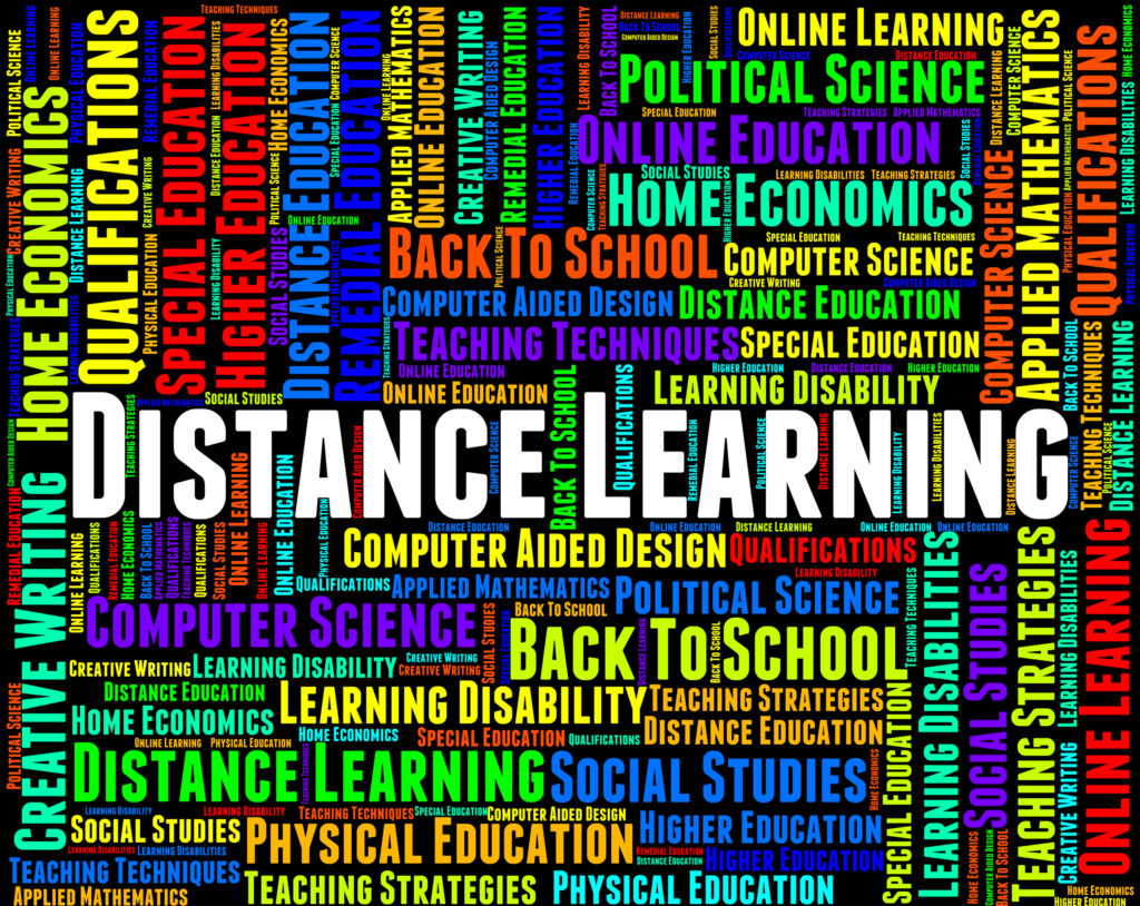 Distance learning words in a colorful text graphic 