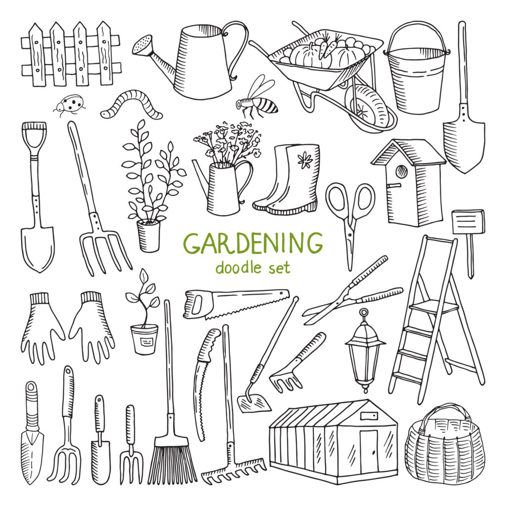 hand drawn illustrations of garden tools.