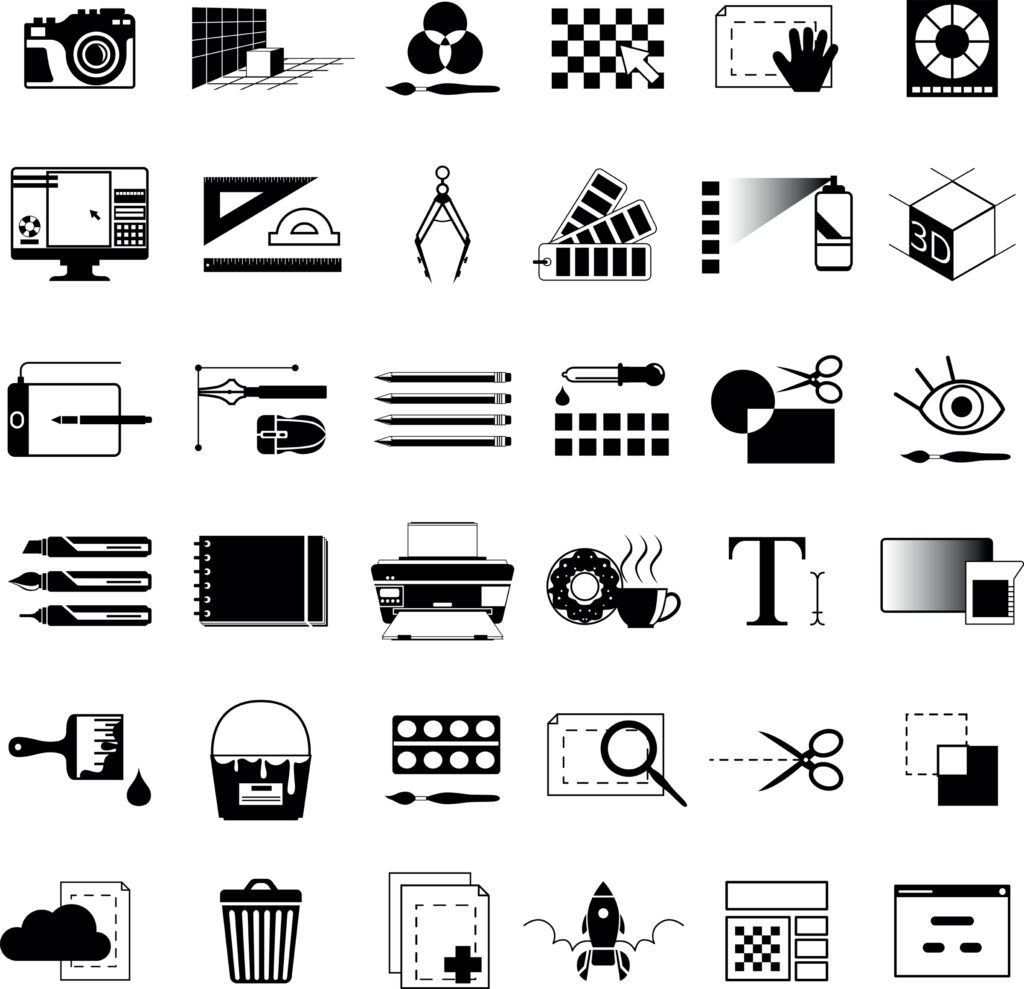 monochrome vector illustrations of creative tools for web designers or graphic artists. The set includes supplies like rulers, cameras, paint brushes, scissors and more.