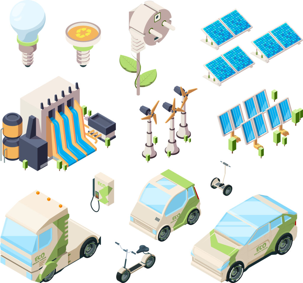 vector set with solar panels, wind turbines, green chargers, energy efficient lightbulbs and electric cars