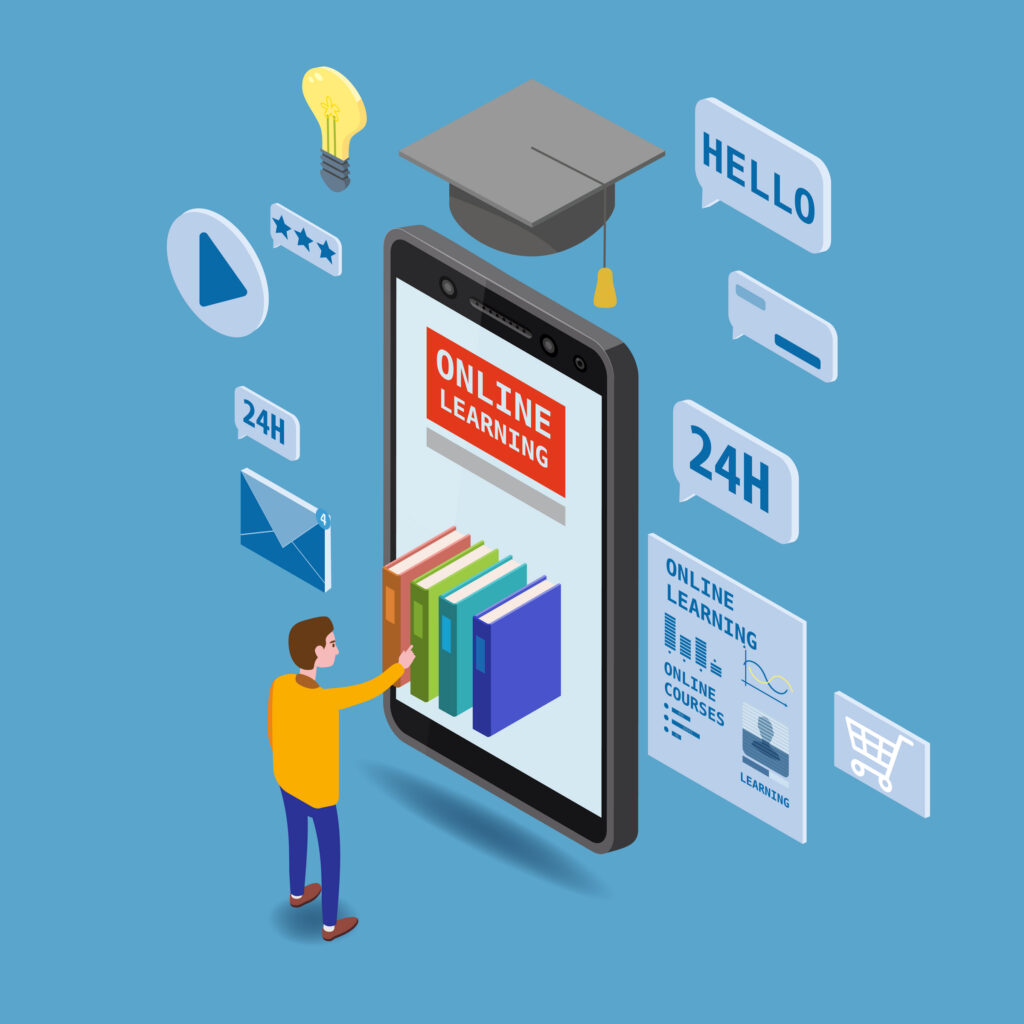 Online education isometric icons composition with little man taking books from smartphone