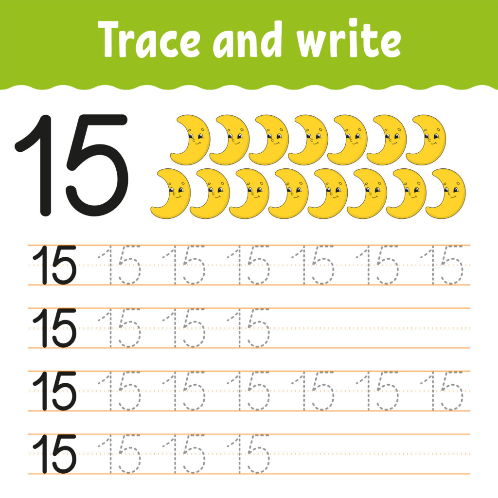 practice sheet for children learning numbers. This one shows the number 15 with lines for practicing
