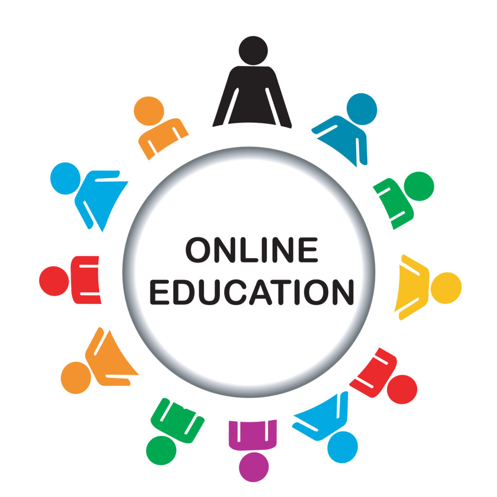 Online education icon with round frame and stylized students