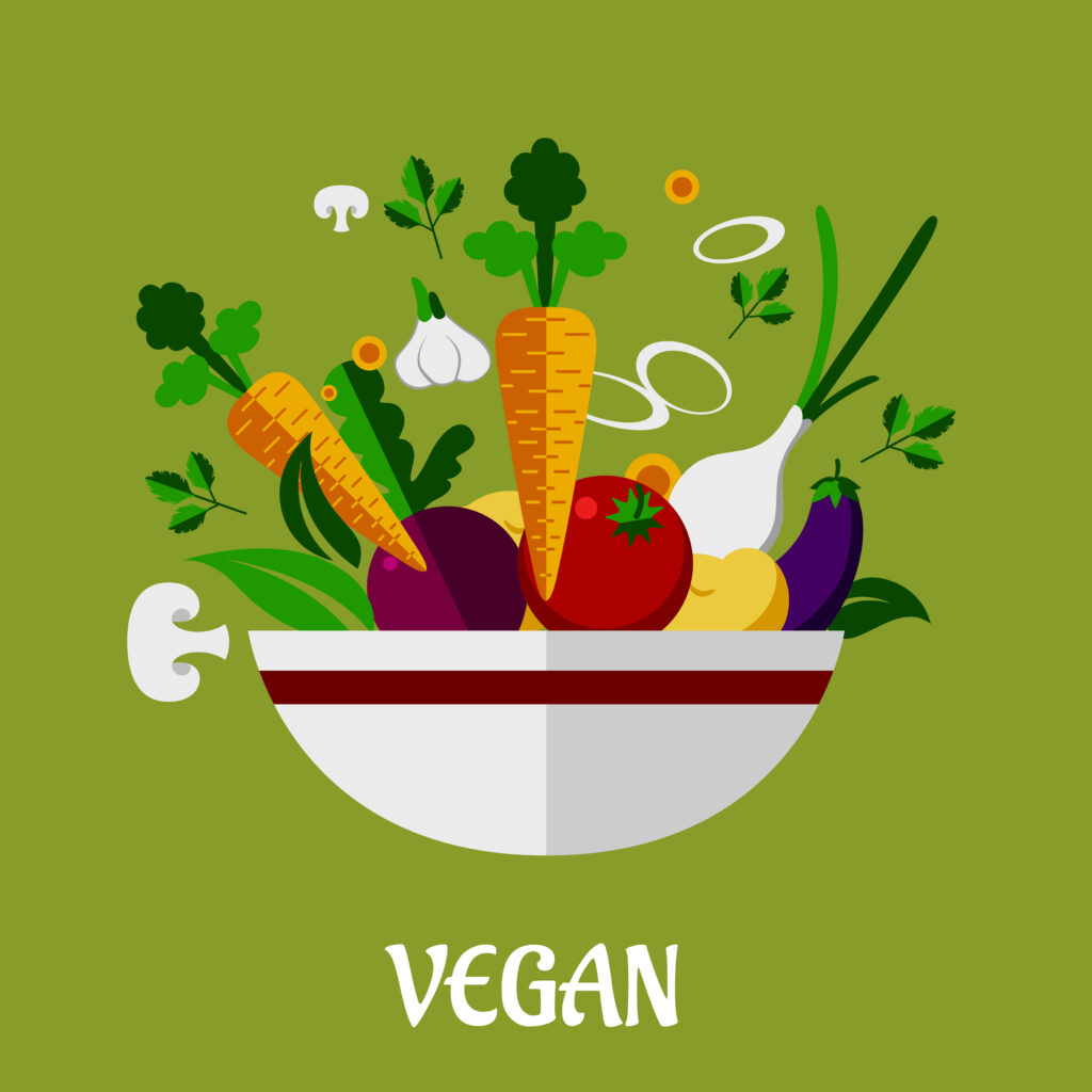 vegan food graphic showing vegetables being tossed into a bowl