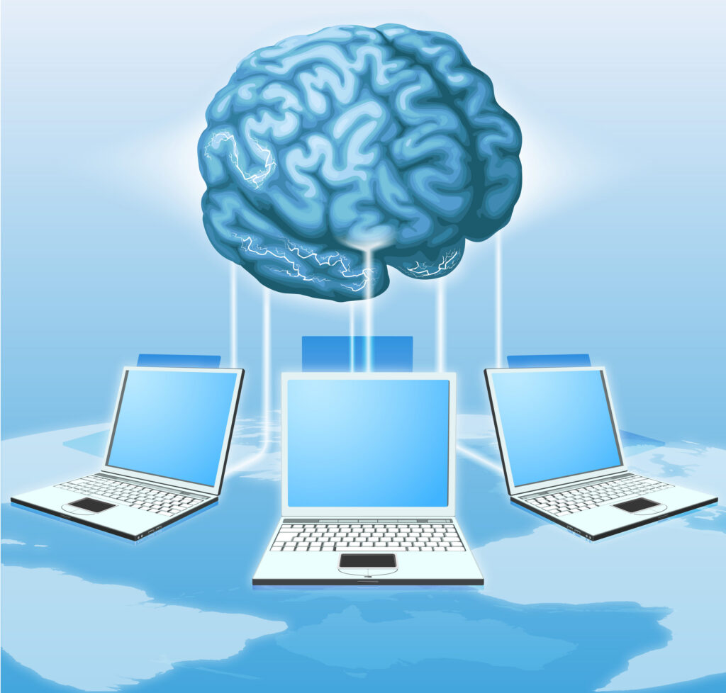 Computers connected to central brain, concept for distributed computing, crowd sourcing or other internet metaphor.