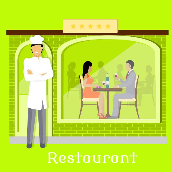 illustration of a happy restaurant owner standing outside of a lime green, modern restaurant