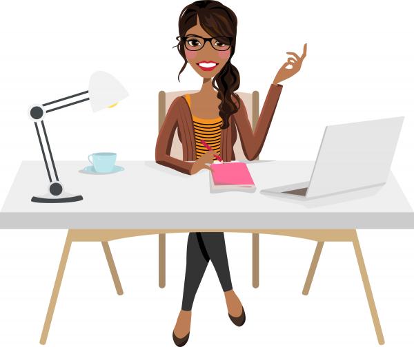 a happy smiling writer works at a white desk