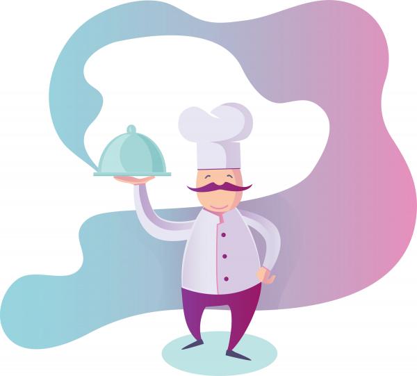 vector illustration of chef holding aromatic dish with blue and purple gradient smoke