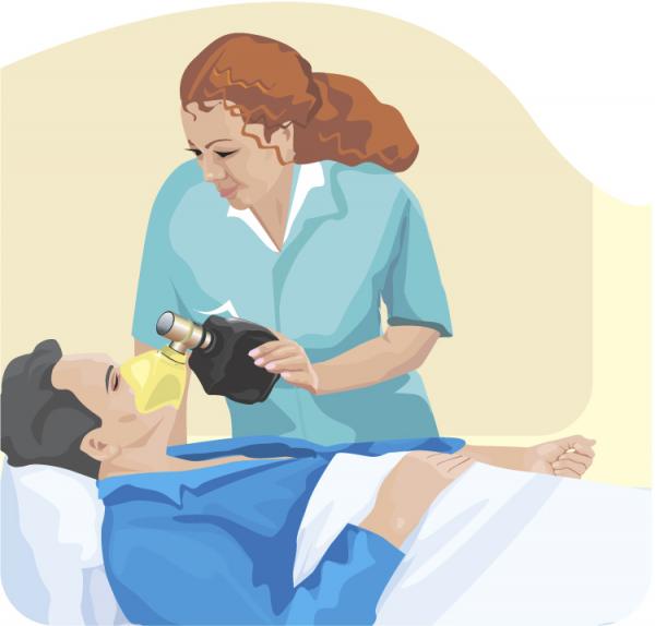 vector of a nurse helping a sick patient with a breathing treatment