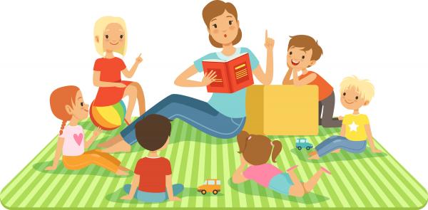 drawing of a teacher reading to a group of students
