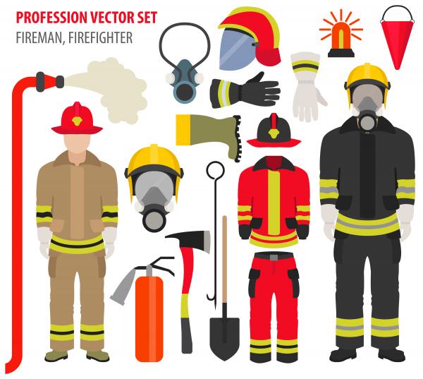 vector icon set of a firefighter uniforms and tools