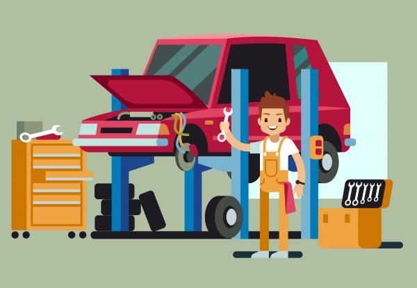 clipart drawing of a mechanic working on a red vehicle