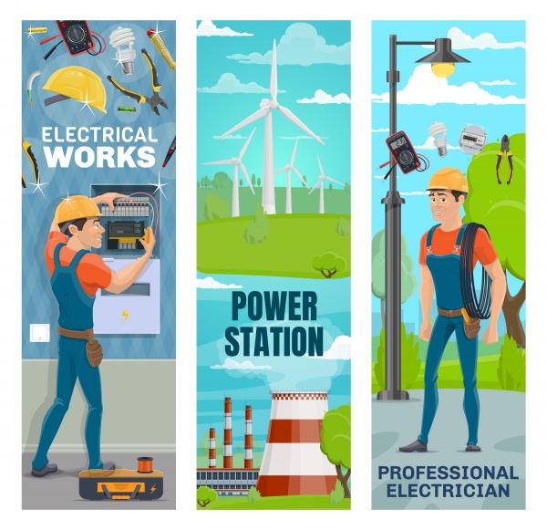 tri-panel electrician graphic with icons and two drawings of electricians