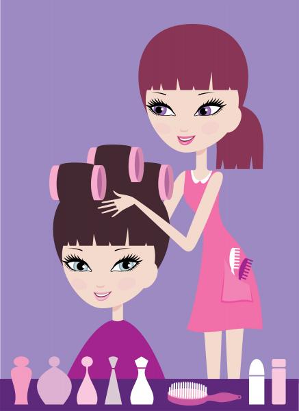 drawing of a hair dressing curling a client's hair with pink rollers