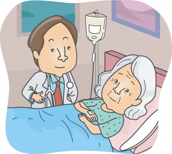 illustration of a doctor in a white lab coat standing by an elderly woman's bedside