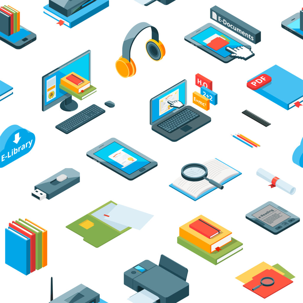 Vector isometric online education icons pattern