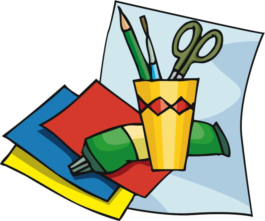 clipart illustration of art supplies with colorful paper, pencils and scissors. 