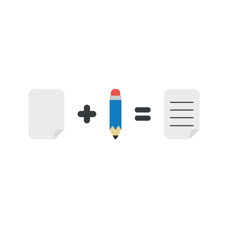 Flat design vector illustration concept of blank paper plus blue pencil equals written paper symbol icon on white background.