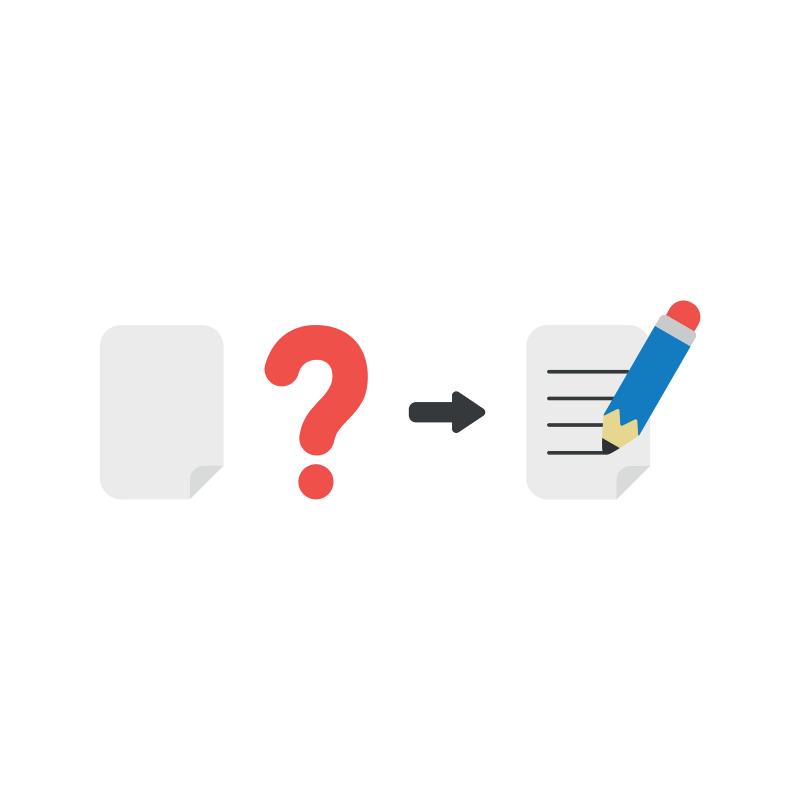 icons that show a blank piece of paper, question mark and an essay being written