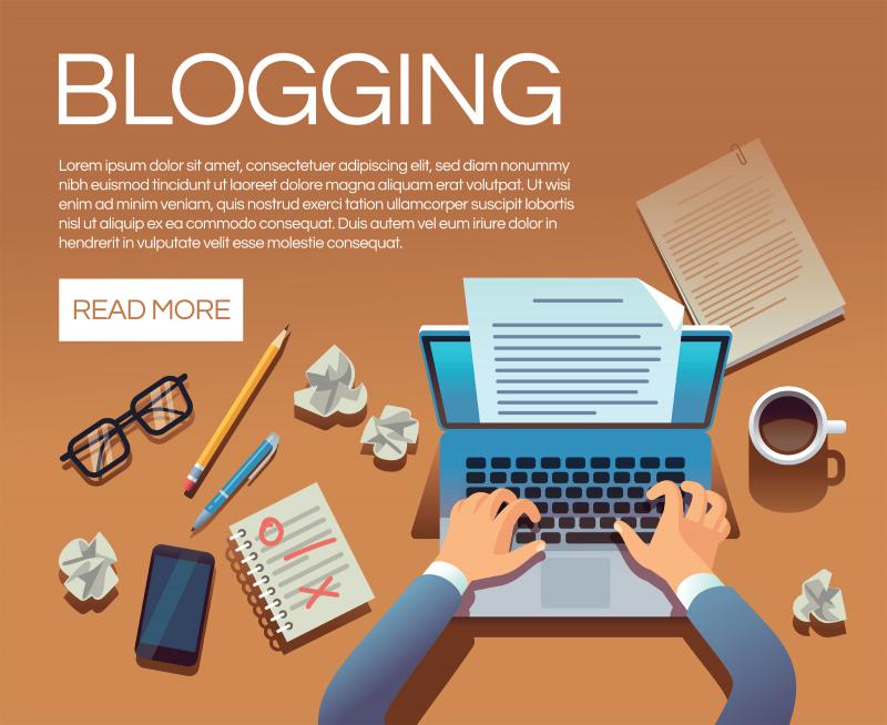 vector illustration of blogging concept showing an author typing on a computer and surrounded by writing supplies
